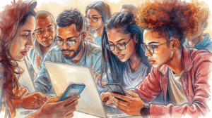 Community-first social media marketing in 2025, showing members interacting in private groups.